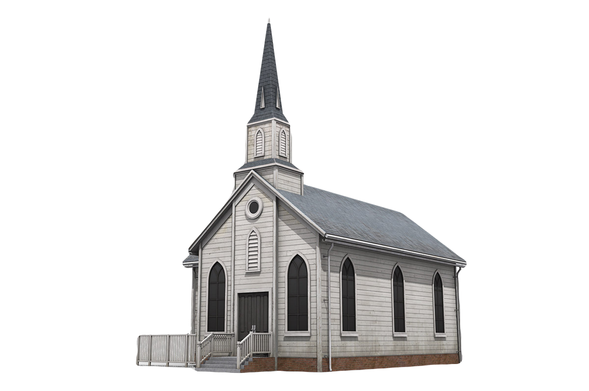A 3D rendered church floating in the sky